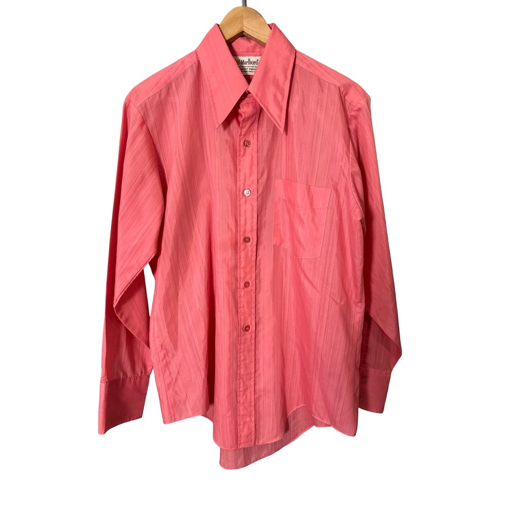 Vintage Marlboro Pink Textured Button Down Shirt L 70s Retro‎ Poly Cotton